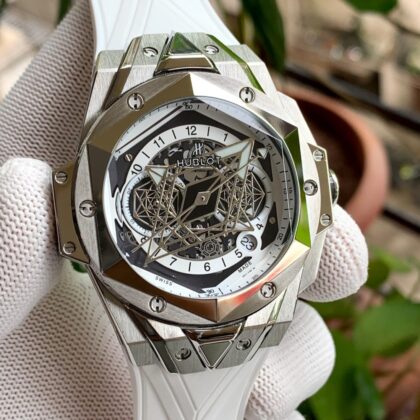 Hublot Sang Bleu II King Gold Pave Chronograph Automatic White Dial Watch